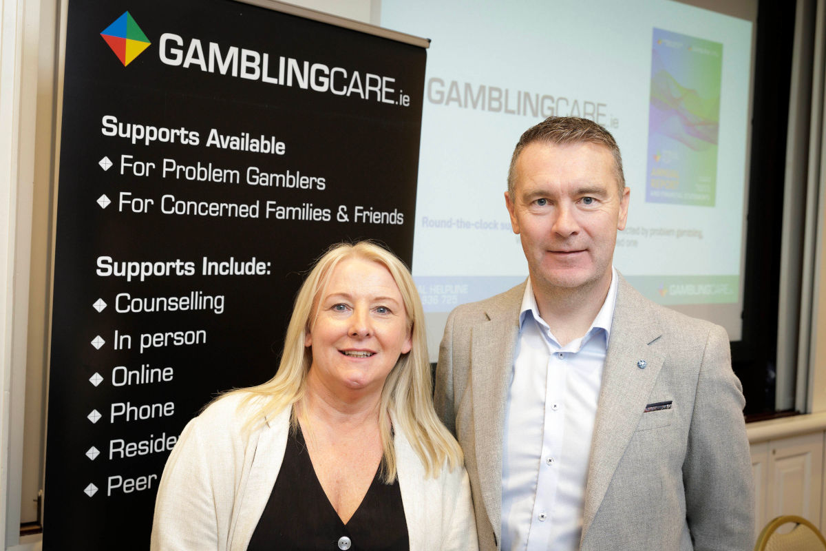 Gambling Care CEO Jackie Murphy and Ambassador Oisín McConville at the launch of the charity’s 2024 Annual Report