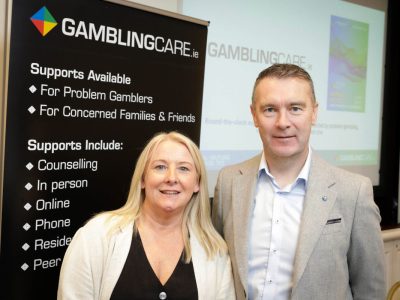 Gambling Care CEO Jackie Murphy and Ambassador Oisín McConville at the launch of the charity’s 2024 Annual Report